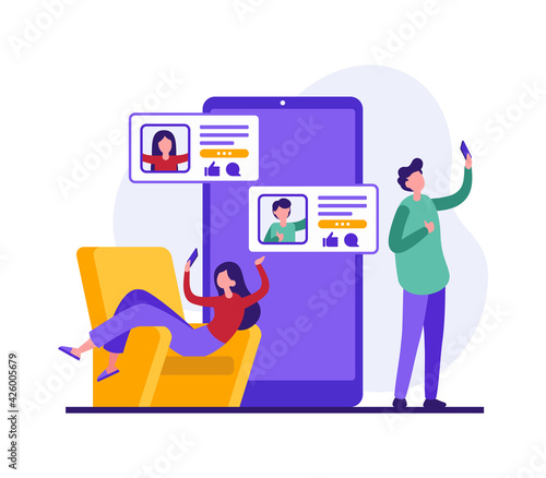 Likes addiction concept. Colorful vector illustration of cartoon young man and woman taking selfie and sharing photos in social media while using smartphones