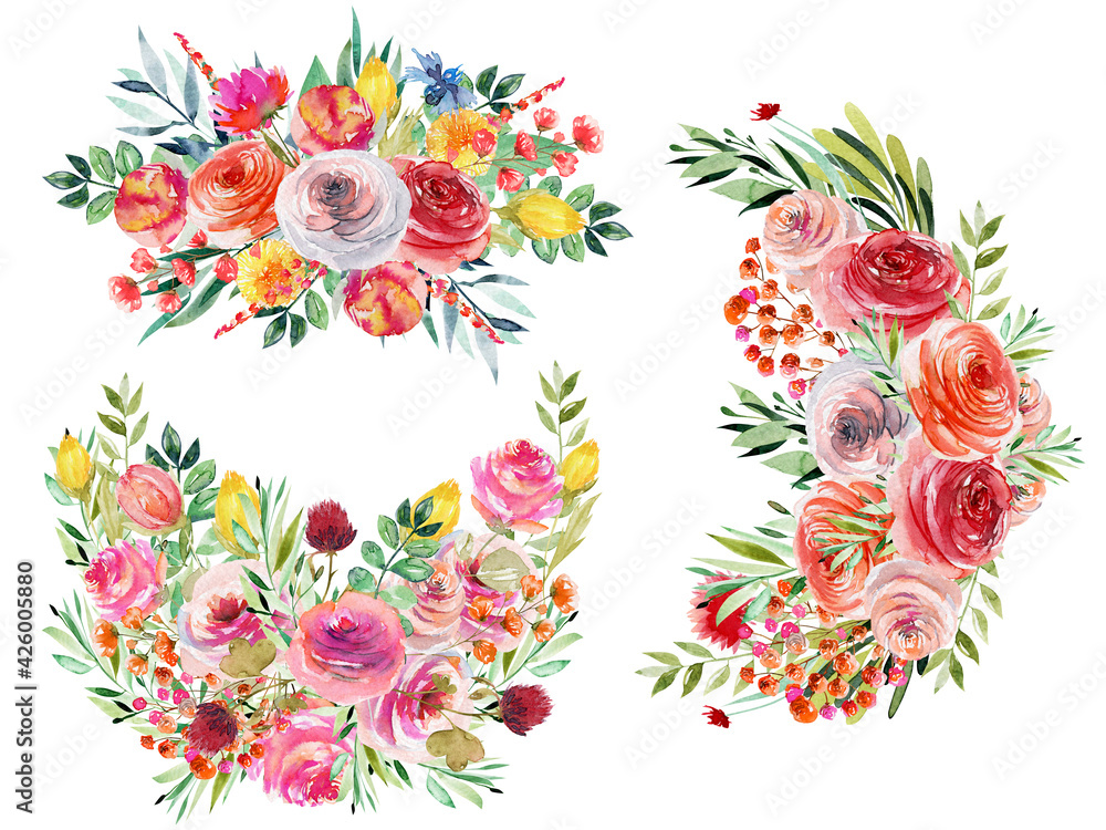 Naklejka premium Set of watercolor summer floral bouquets and compositions of bright wildflowers, green leaves and branches; hand painted isolated illustrations on a white background