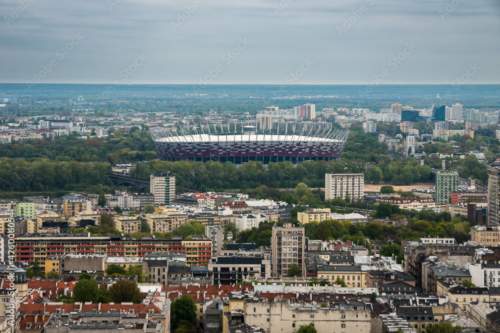 top view of the city's buildings and the sports stadium in Warsaw