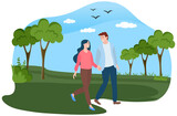 Couple in relationship walking in forest. Young guy and girl holding hands spend time in garden