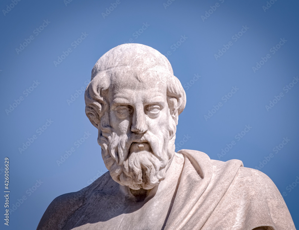 Plato, the ancient Greek philosopher white marble bust sculpture under blue sky background, space for your text