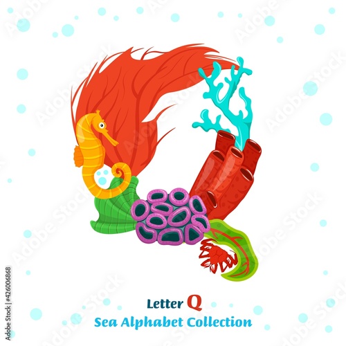 Unique character made from fish, seaweed, corals, sea inhabitants
