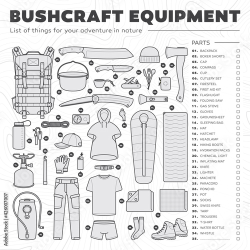 Vector list with icons of bushcraft (survival) equipment. Isolated on white background with contour line.