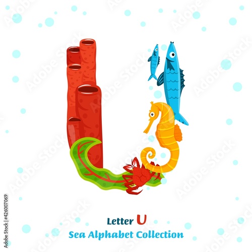 Unique character made from fish, seaweed, corals, sea inhabitants