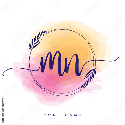 MN Initial handwriting logo. Hand lettering Initials logo branding, Feminine and luxury logo design isolated on colorful watercolor background.