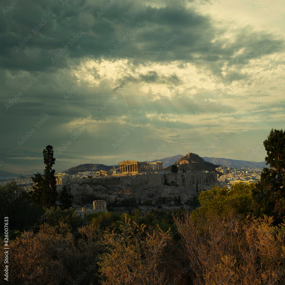Acropolis of Athens, Greece under dramatic sky, scenic view