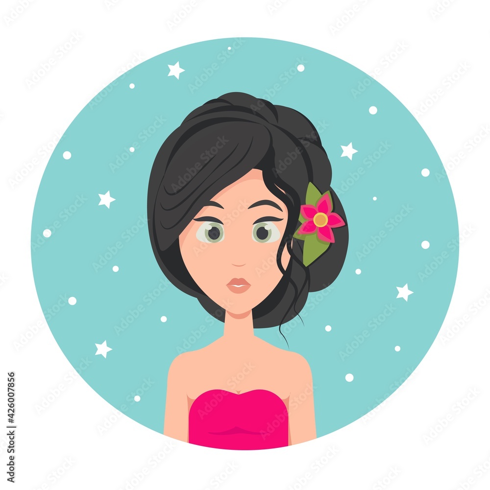 Young woman avatar with long hair folded in an elegant evening hairstyle and big green eyes, flower in her hair, vector illustration in flat style