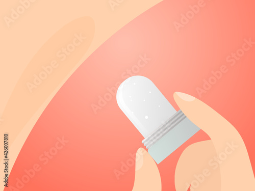 The girl uses crystalline deodorant. Crystal deodorant in hand and under the arm.