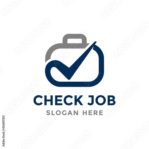 Check job logo design template. Vector illustration of check mark combined with suitcase shape.