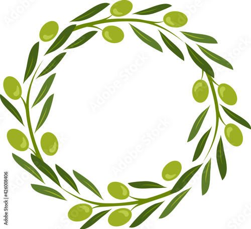 Olive wreath vector, green round frame, fruit and leaf border, circle plant crown, decorative garland. Nature illustration