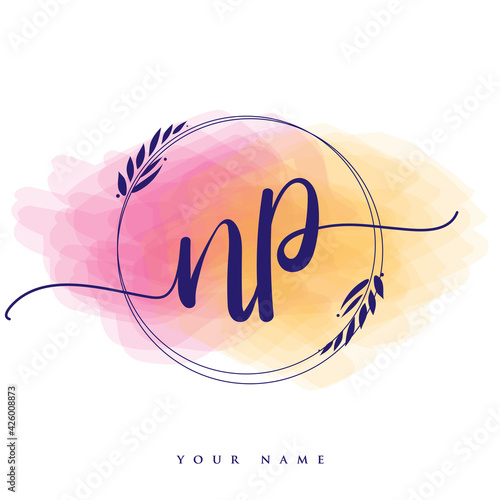 NP Initial handwriting logo. Hand lettering Initials logo branding, Feminine and luxury logo design isolated on colorful watercolor background.