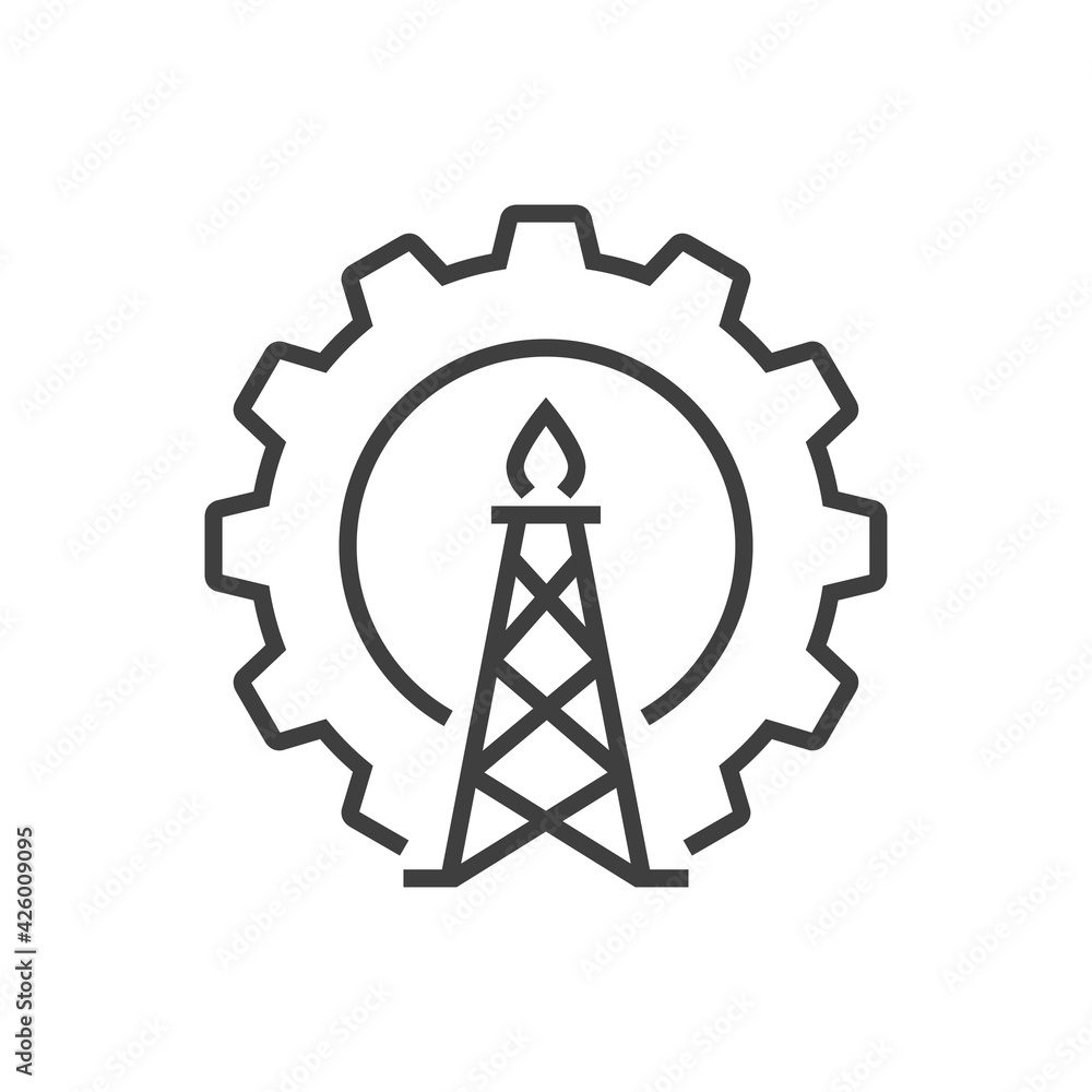 Campo petrolífero. Engranaje con torre de extracción de crudo con lineas en color gris. Campo petrolífero. Engranaje con torre de extracción de crudo con lineas en color gris.