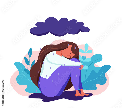 Depressed sad lonely woman in anxiety, sorrow vector cartoon illustration