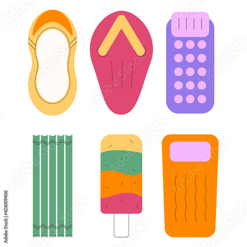 Flat vector set of inflatable swimming accessories. Simple set of rubber inflatable mattress of different colors on white background in cartoon style. For a beach holiday, sunbathing on the water.