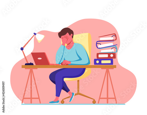 Professional burnout syndrome exhausted man tired sitting at her workplace in office holding her head vector illustration.