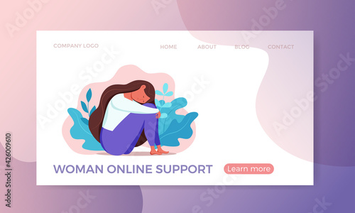 Depressed sad lonely woman in anxiety, sorrow vector cartoon illustration.