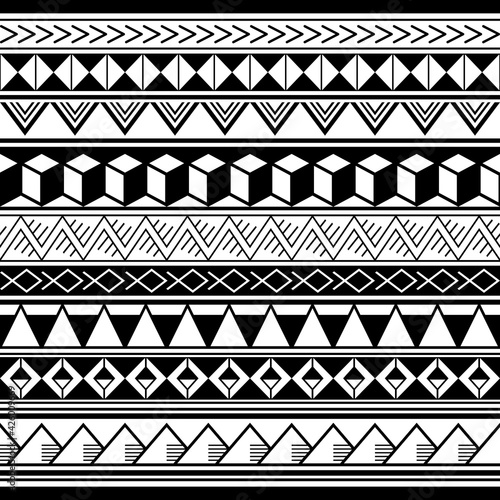 Polynesian ethnic geometric seamless vector pattern, retro Hawaiian tribal repetitive design in black and white
