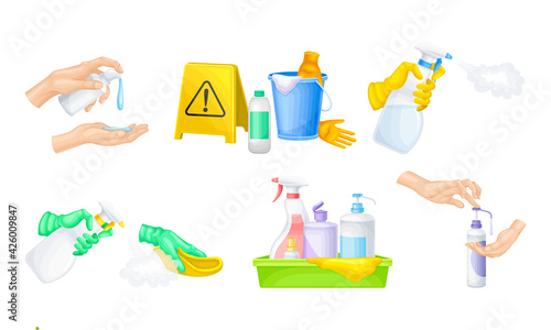 Bacterial Purification and Disinfection with Detergent and Disinfectant in Dispenser Bottle and Hand Using Aerosol Spray Vector Set