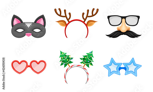 Carnival or Party Headband and Masks with Deer Antler and Moustache Vector Set