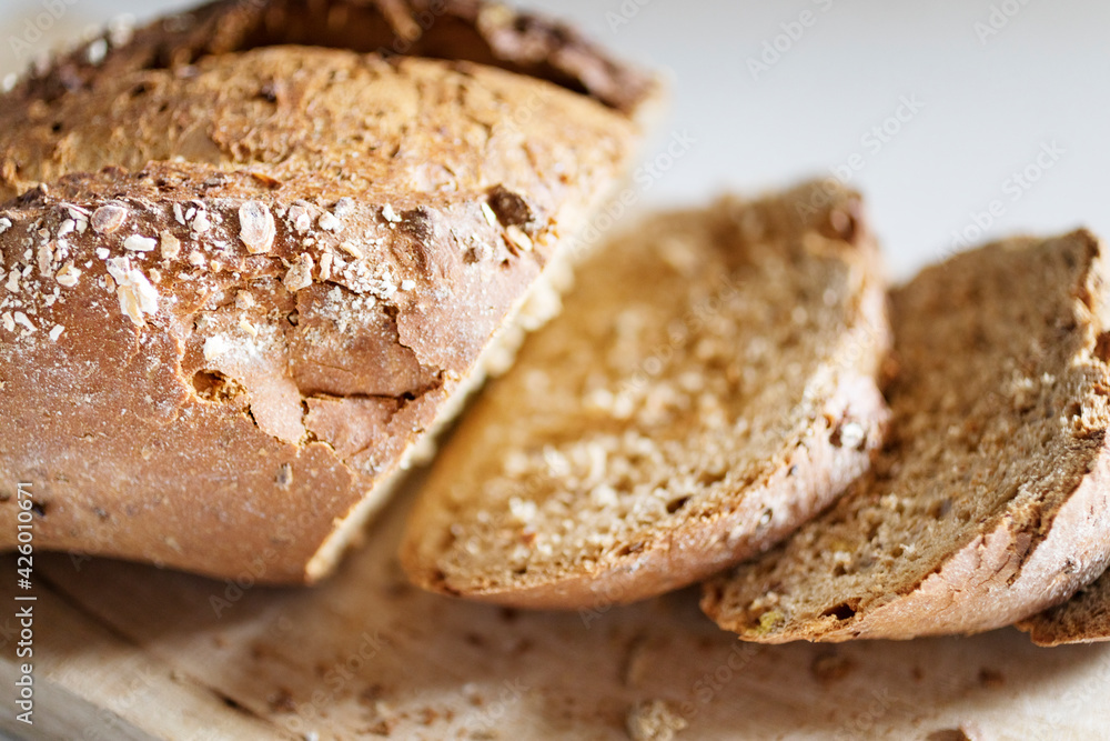 Close-up of sliced wholemeal bread, wholesome food