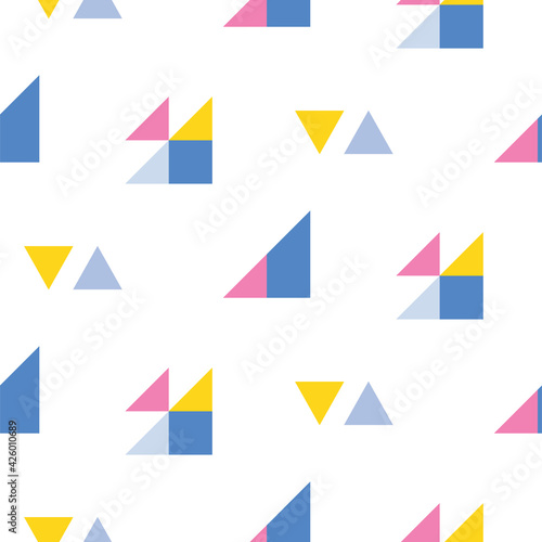 Seamless geometric pattern with bright triangles and blocks.