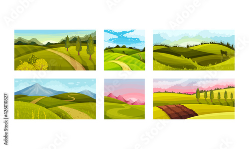 Green Landscapes with Hills and Clear Sky Vector Illustration Set