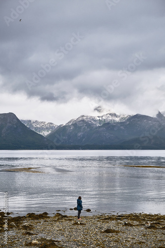Scenic view of a girl looking at the mountains from the beach in Norway