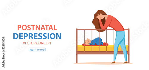 Postpartum depression illustration of sad tired woman near newborn baby sleeping in flat style.