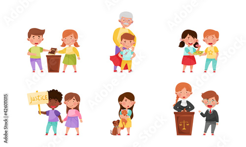 Little Boy and Girl Giving Oath on Bible and Protecting Weak Playing Fair and Honestly Vector Illustration Set