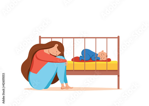 Postpartum depression illustration of sad tired woman near newborn baby sleeping in flat style.