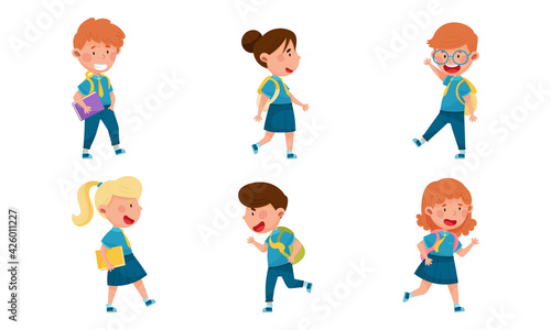 Boy and Girl Characters Wearing School Uniform and Backpack Walking and Running to School Vector Illustration Set