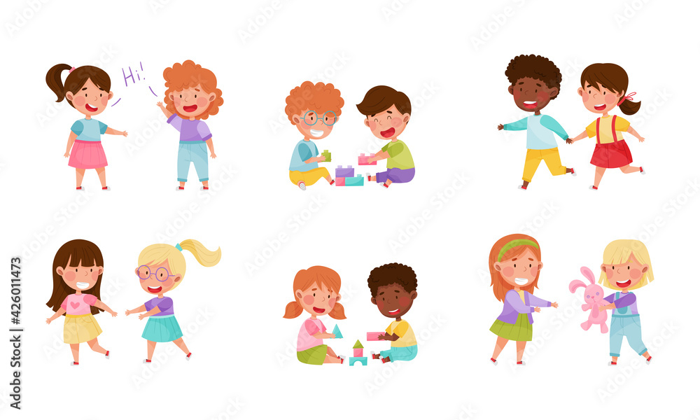 Friendly Kids Playing Together Sharing Toys and Running Vector Illustrations Set Friendly Kids Playing Together Sharing Toys and Running Vector Illustrations Set