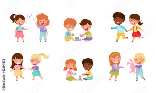 Friendly Kids Playing Together Sharing Toys and Running Vector Illustrations Set