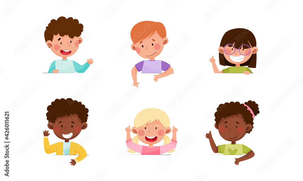 Cute Boy and Girl Characters Sitting at Table or School Desk and Speaking Vector Illustrations Set Cute Boy and Girl Characters Sitting at Table or School Desk and Speaking Vector Illustrations Set