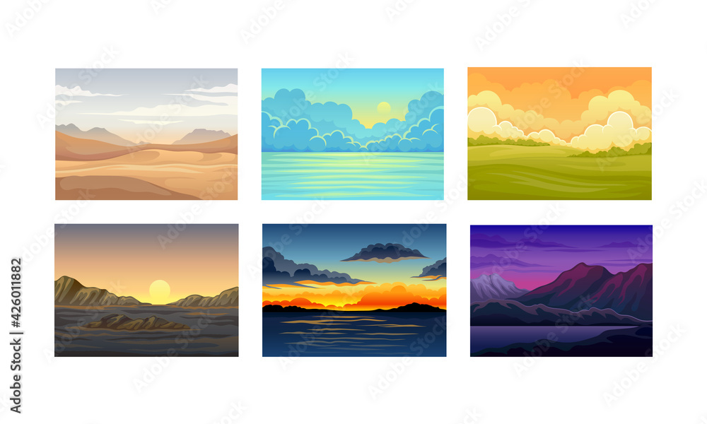 Picturesque Nature Landscapes with Sunset and Sunrise Vector Illustrations Set