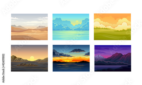 Picturesque Nature Landscapes with Sunset and Sunrise Vector Illustrations Set