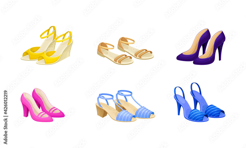 Fototapeta premium Womens Shoes with High Heels and Flat Sole Vector Set