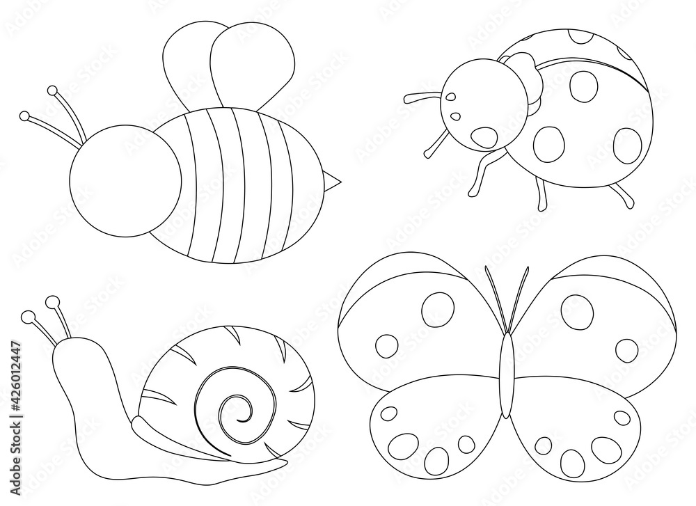 Set of insects graphics black and white vector illustration. Bee Ladybug Snail Butterfly doodle Set of insects graphics black and white vector illustration. Bee Ladybug Snail Butterfly doodle