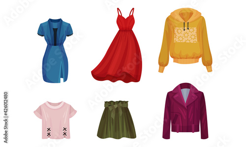 Women Wear with Hoody, Flared Skirt and Jacket Vector Set