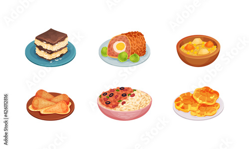 Cuban Food with Rolled Meat of Forcemeat and Rice Vector Set