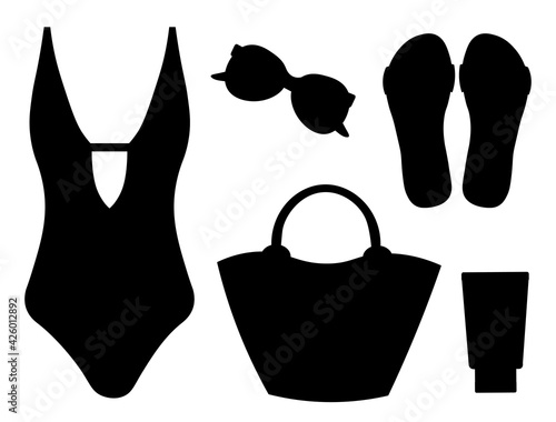 Set beach summer silhouettes swimsuit slates beach bag  vector illustration