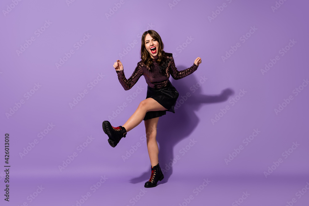 Full length body size view of nice elegant cheerful fit girl having fun dancing rest chill isolated over bright violet color background