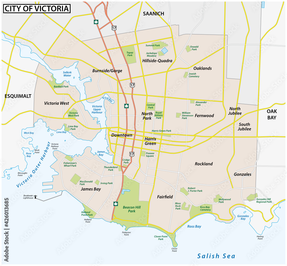 road map of capital city victoria, vancouver island, british columbia, canada