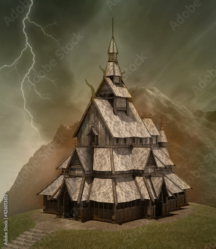 Fotografie Ancient building in the mountains inspired by nordic culture in furious stormy w