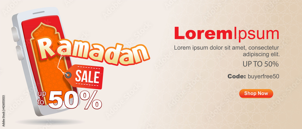 Obraz premium ramdan sale up to 50% sign in front of smartphone. ramadan promotional discount elegant style vector illustration 