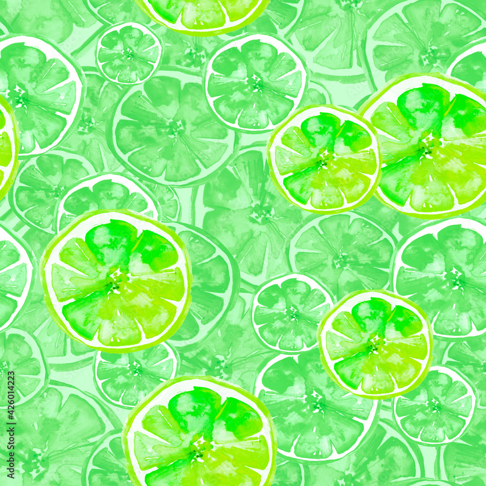Watercolor painting, vintage seamless pattern - tropical fruits, citrus, slices of lemon, lime. Citrus marmalade, slices. green lime Fashionable stylish art background. Green citrus background. 