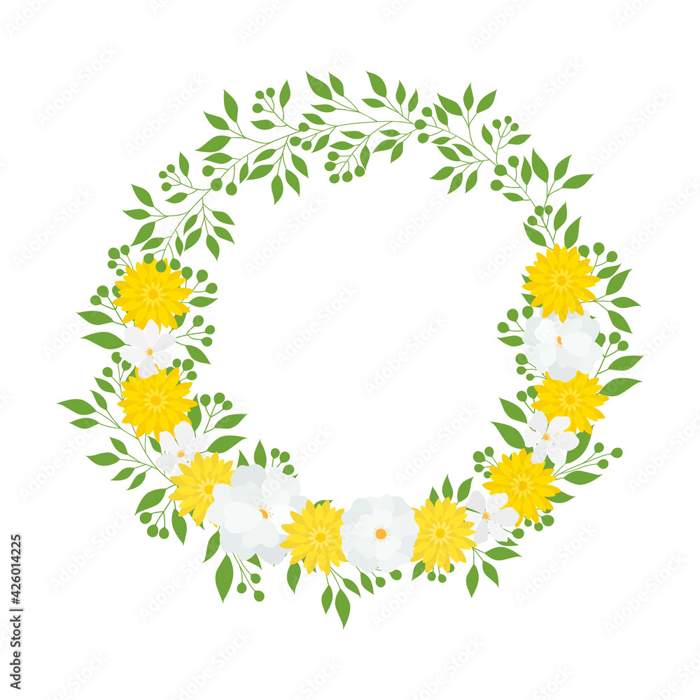 Flora decor frame wreath yellow white flowers vector illustration