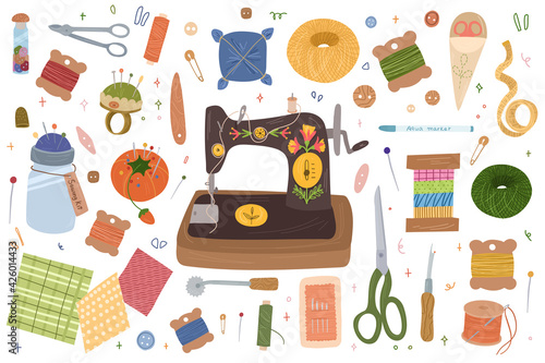 Sewing Kit collection. Needlework concept. Various sewing tools.