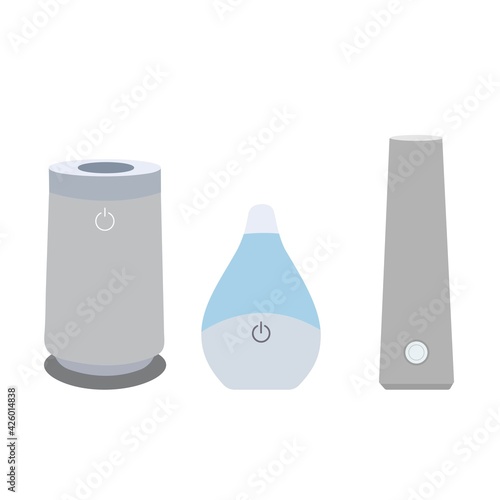 Vector flat isolated appliances set. Air humidifier, isolated on white background illustration icon. Air cleaning and humidifying devise for the house. Air purifier,air ionization