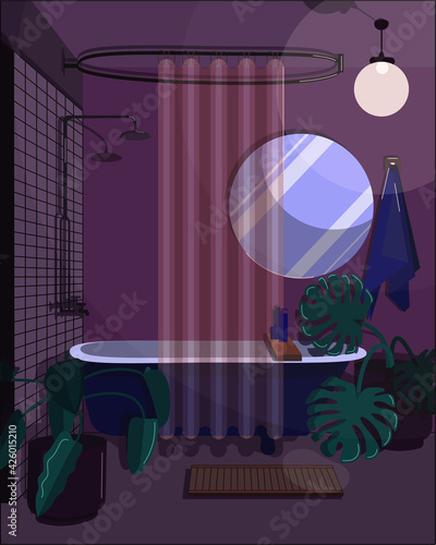 Bathroom interior at night. Simple interior with plants and subdued lights for a romantic setting. Flat vector illustration.